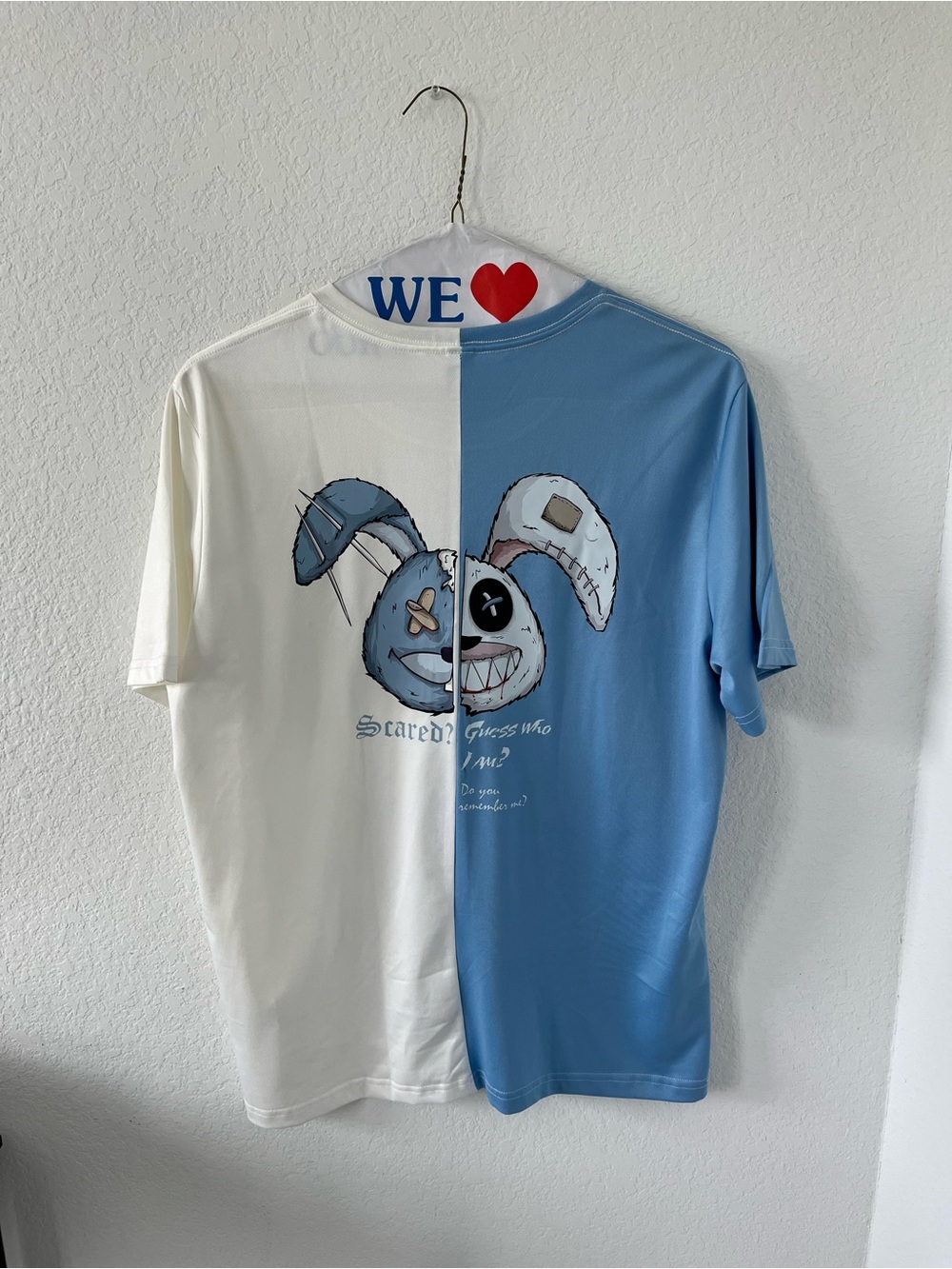 SHEIN Split Blue & White Creepy Rabbit Graphic T-Shirt |Y2K Streetwear L
